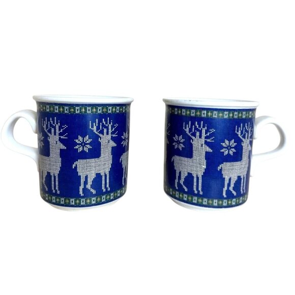 Set Of 2 Dansk Designs Stoneware Blue Reindeer Mugs 10 Oz - Picture 1 of 5